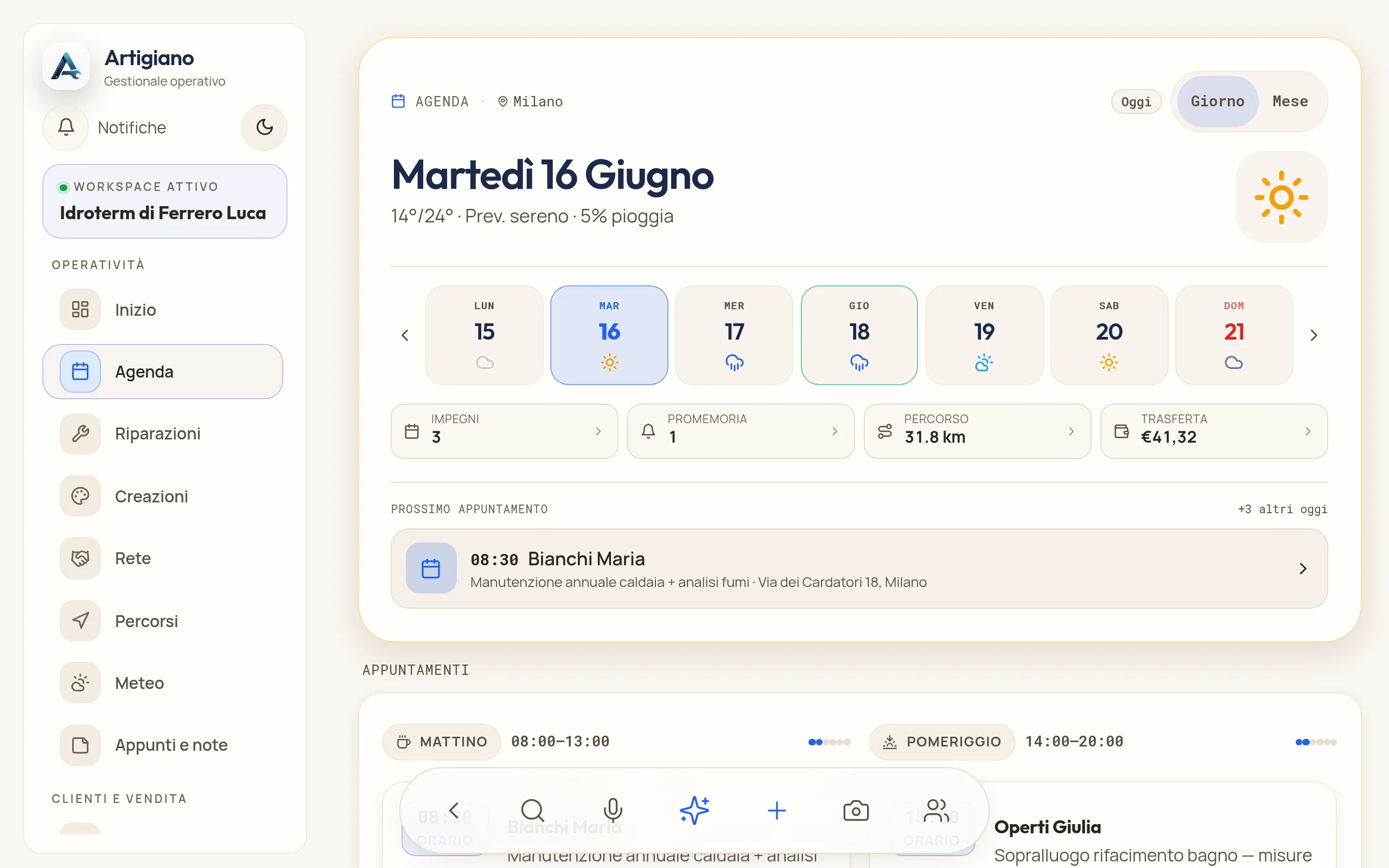 L’agenda su computer: barra laterale con i moduli, settimana con meteo e gli appuntamenti del giorno divisi per fascia