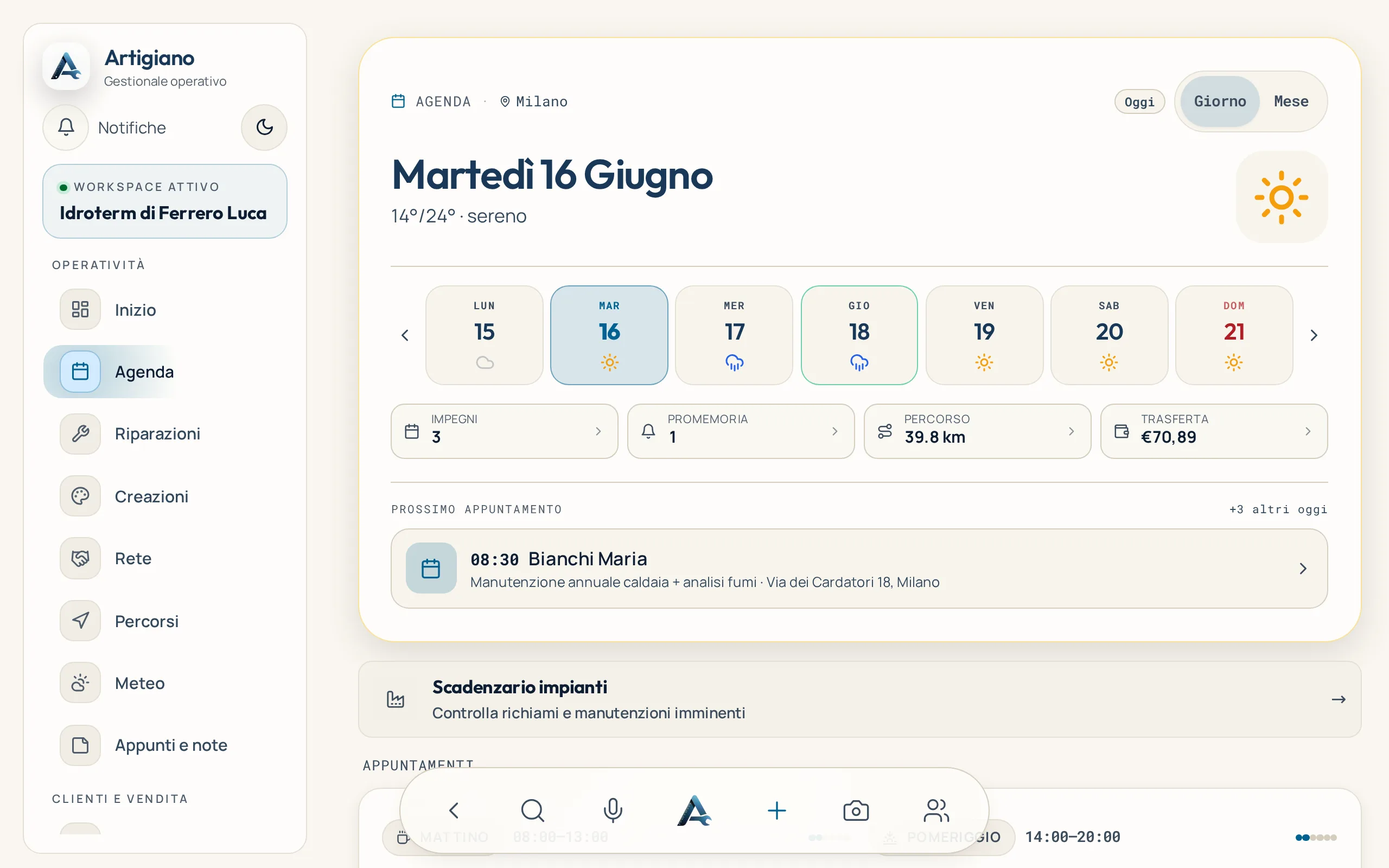 L’agenda su computer: barra laterale con i moduli, settimana con meteo, riepilogo di impegni, promemoria, percorso e trasferta del giorno
