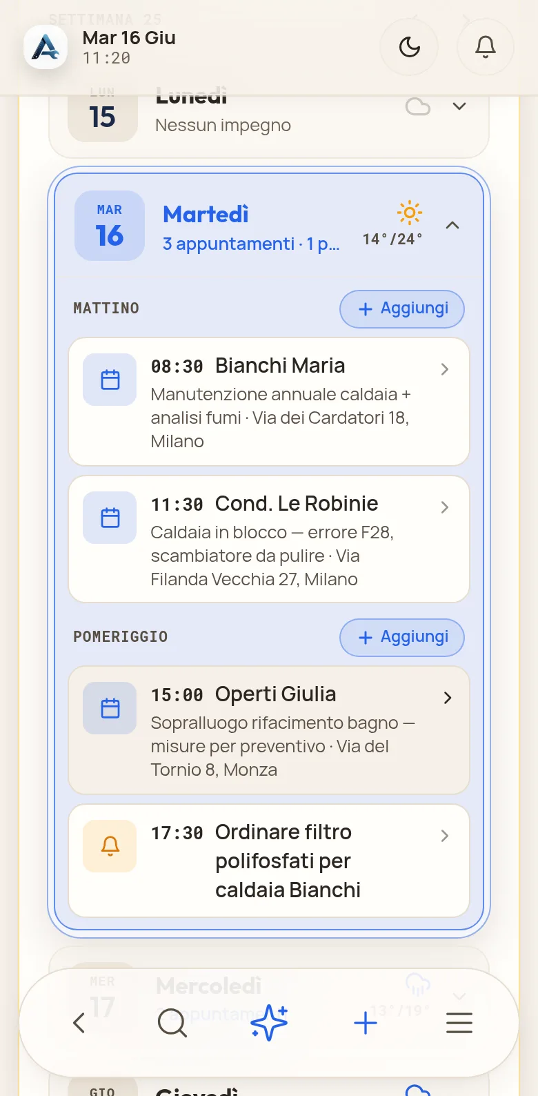 L’agenda settimanale con il meteo del giorno e gli appuntamenti del mattino e del pomeriggio