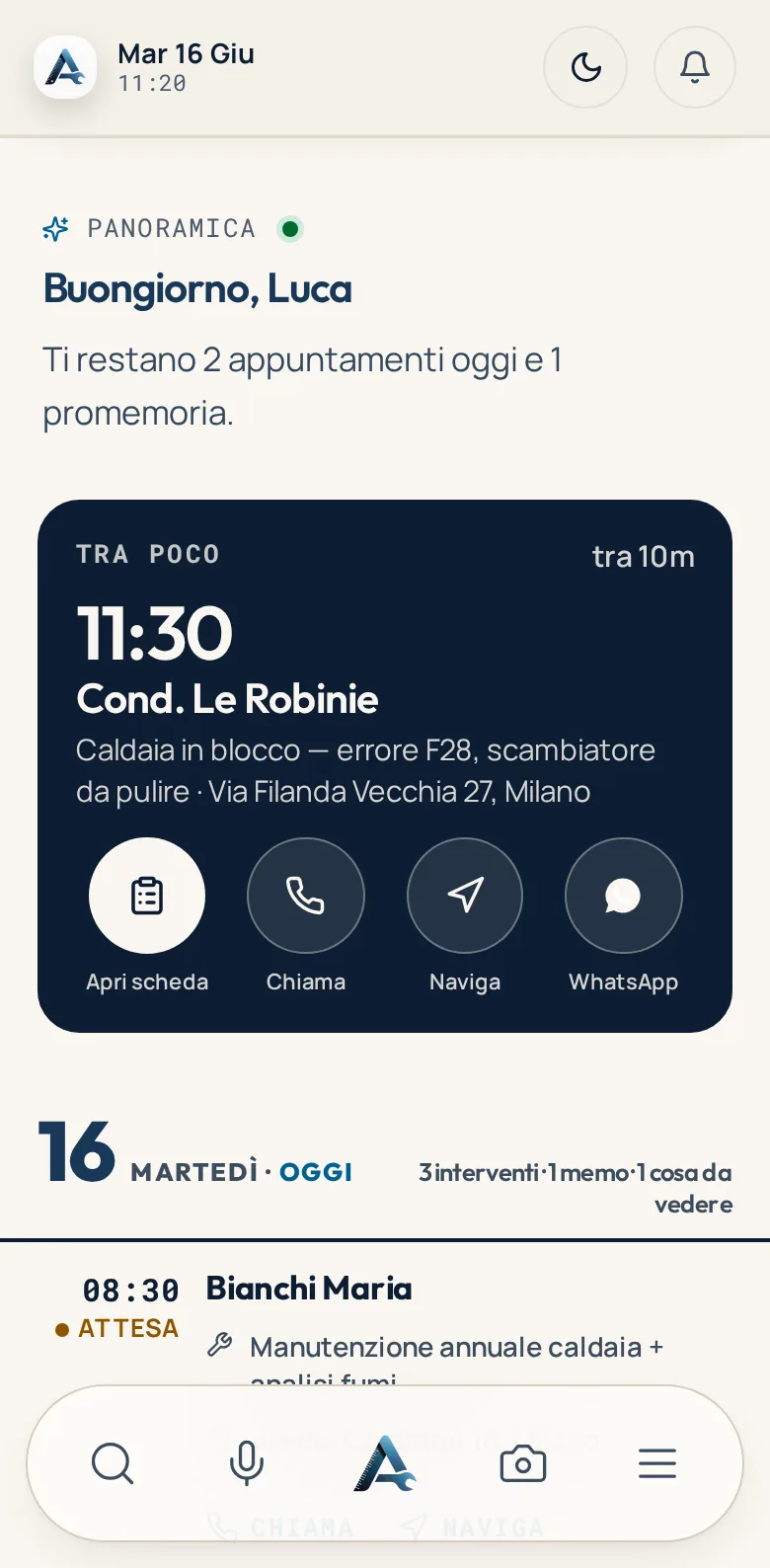 La home dell’app: panoramica della giornata, appuntamento delle 11:30 tra 10 minuti con le azioni rapide, inizio del programma e barra degli strumenti