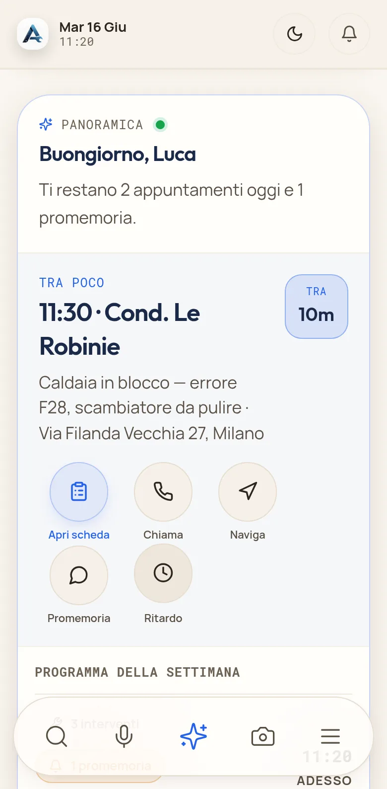 La home dell’app: panoramica della giornata, prossimo appuntamento tra 10 minuti con le azioni rapide e il programma della settimana