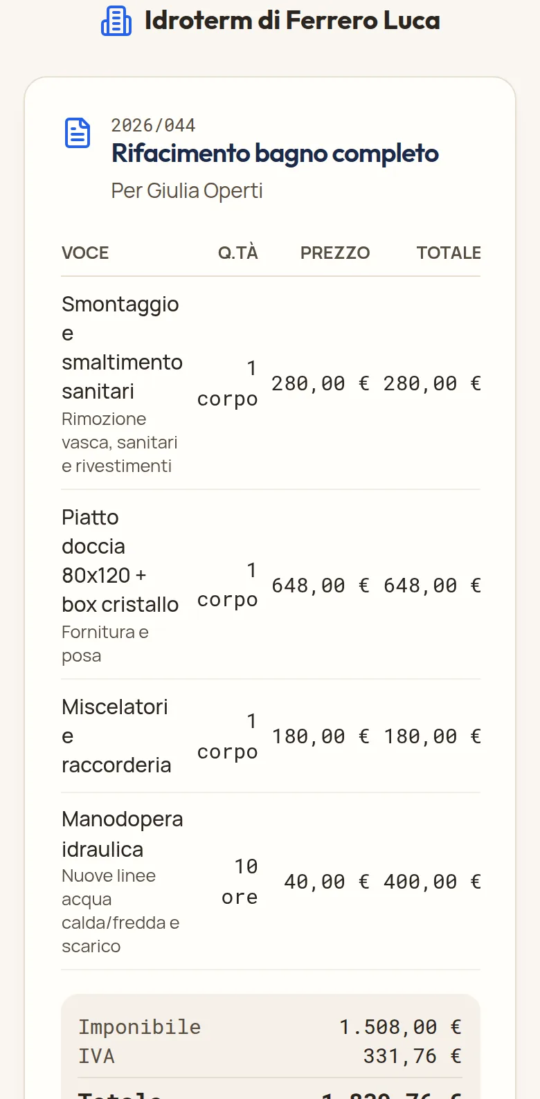 Il preventivo come lo vede il cliente sul suo telefono, scorso fino al bottone «Accetto il preventivo»
