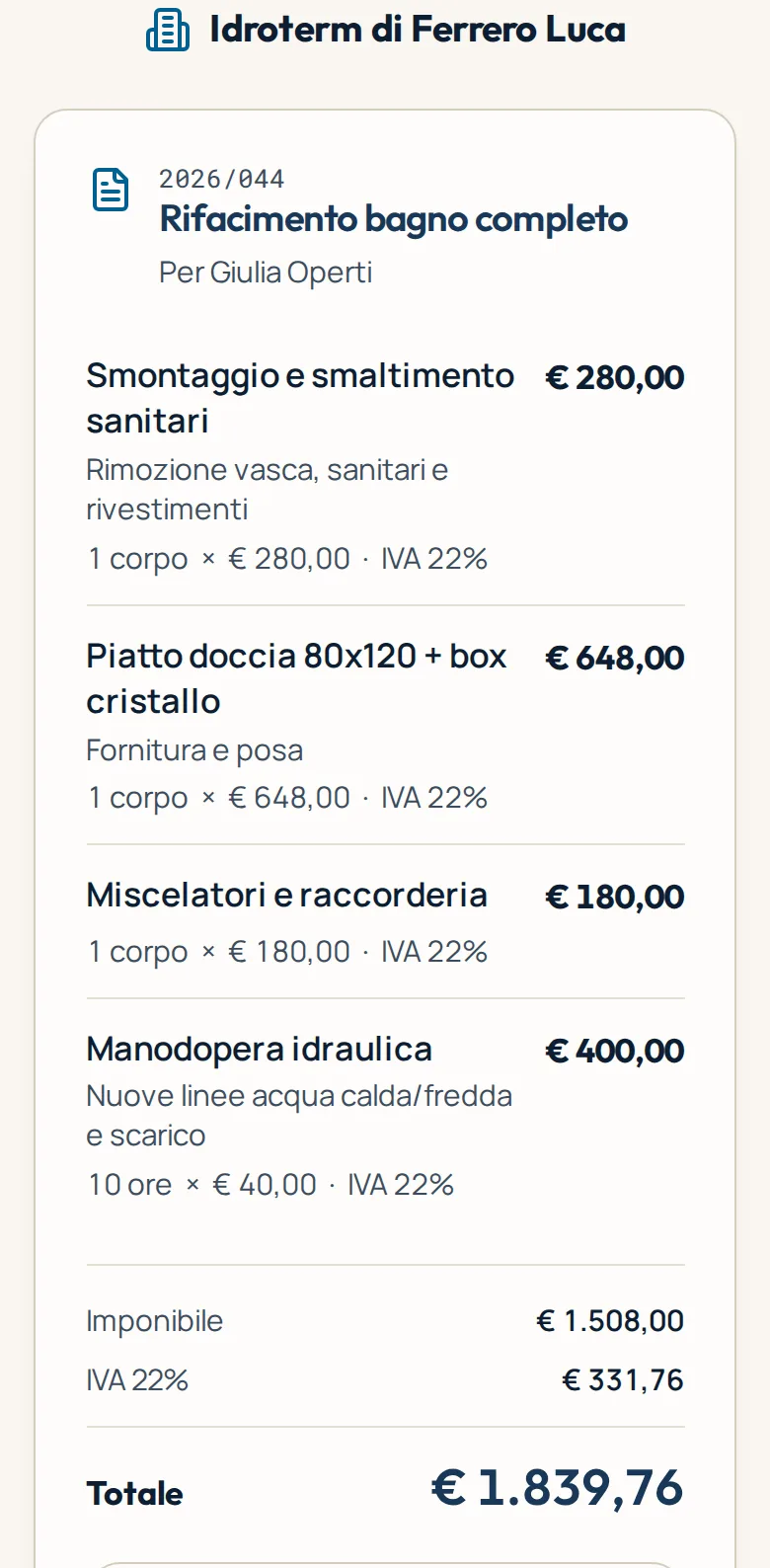 Il preventivo come lo vede il cliente sul suo telefono, scorso fino al bottone «Accetto il preventivo»