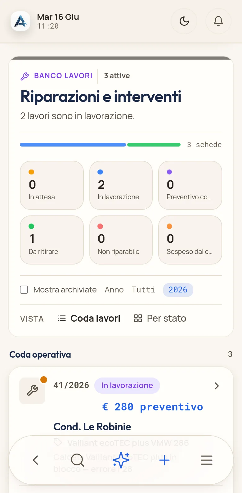 Dalla lista delle schede si apre la scheda già compilata, con cliente, difetto e preventivo collegato