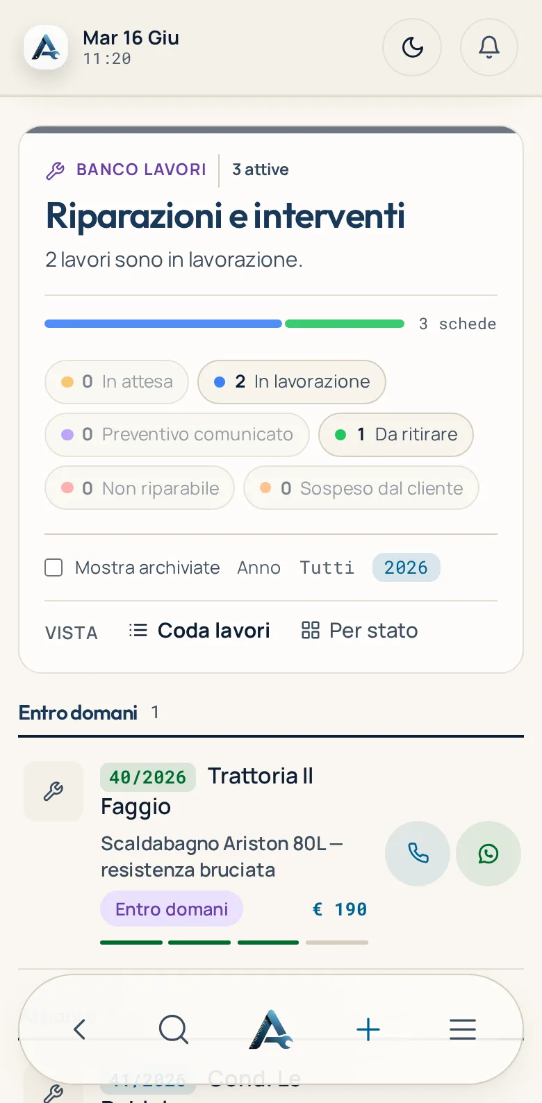 Dalla lista delle schede si apre la scheda compilata, con cliente, apparecchio, guasto e importo del preventivo